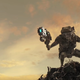 A frog person holds a futuristic gun and stands on a pile of rubble.